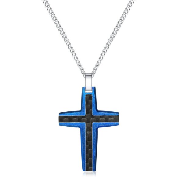 ✨Men's Two-Tone Black & Blue Stainless Steel Carbon Fiber Cross Necklace Jewelry